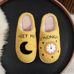 Fashion Moon And Clock Print Home Slippers Winter Warm Floor Bedroom House Shoes For Women