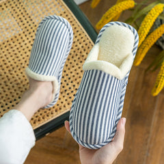 Fashion Striped Printed Slippers For Women Autumn And Winter Warm Non-slip Thick Sole House Shoes Men's Indoor Plush Shoes