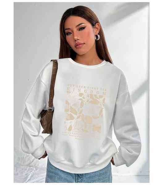 Women Basic Casual Pullover Spring Autumn Long Sleeve Vegetative Printed Round Neck