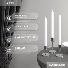 White Taper Candles - Pack of 4, 10 Inch, Unscented, Dinner & Table Candles - Slow Burning, Dripless & Smokeless