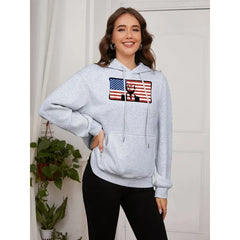 Women Basic Sweatshirt Casual Hooded Sweatshirt Autumn Winter Padded Long Sleeve Trump Black Portraits Printed Top Oversize