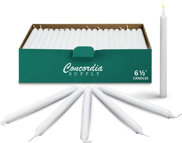 Candlelight Service Vigil Candles - 6.5" H X 1/2" Dia, Drip Protectors, Memorial, Caroling, Shabbat, Dripless Taper Candles (Box of 100)