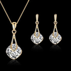 Fashionable Water Drop Pendant Square Rhinestone Set