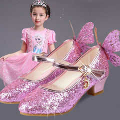 Butterfly Princess Shoes Children High Heel Leather Shoes