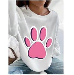 Women Basic Casual Pullover Spring Autumn Long Sleeve Paw Print Printed Round Neck