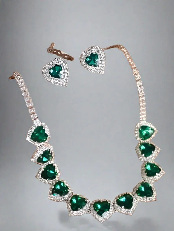 Rhinestone & Emerald Heart  Necklace & Stud Earrings