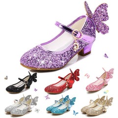 Butterfly Princess Shoes Children High Heel Leather Shoes