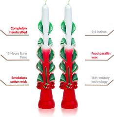 Christmas Candles - Taper Candles - Tall Candles - Carved Candles - Set of 2 Red Green Candles 9 Inches - Tapered Candles - Christmas Taper Candles - Hand Carved Taper Candles