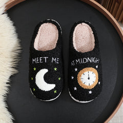 Fashion Moon And Clock Print Home Slippers Winter Warm Floor Bedroom House Shoes For Women