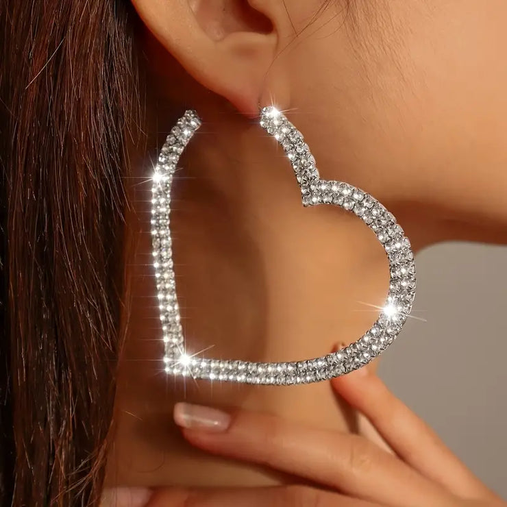 Exaggerated Big Heart Rhinestone Hoop Earrings