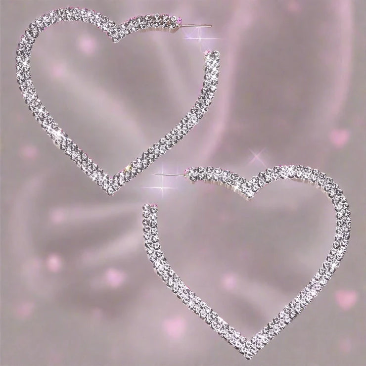 Exaggerated Big Heart Rhinestone Hoop Earrings