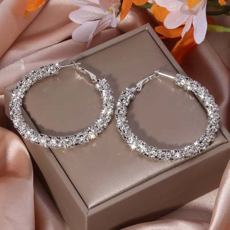 Large Full Rhinestone Hoop Earrings Silver