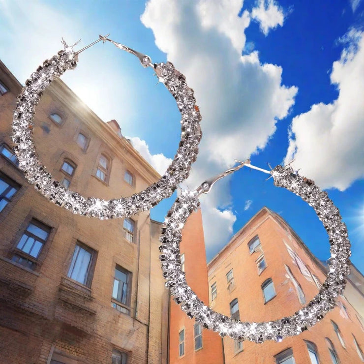 Large Full Rhinestone Hoop Earrings Silver